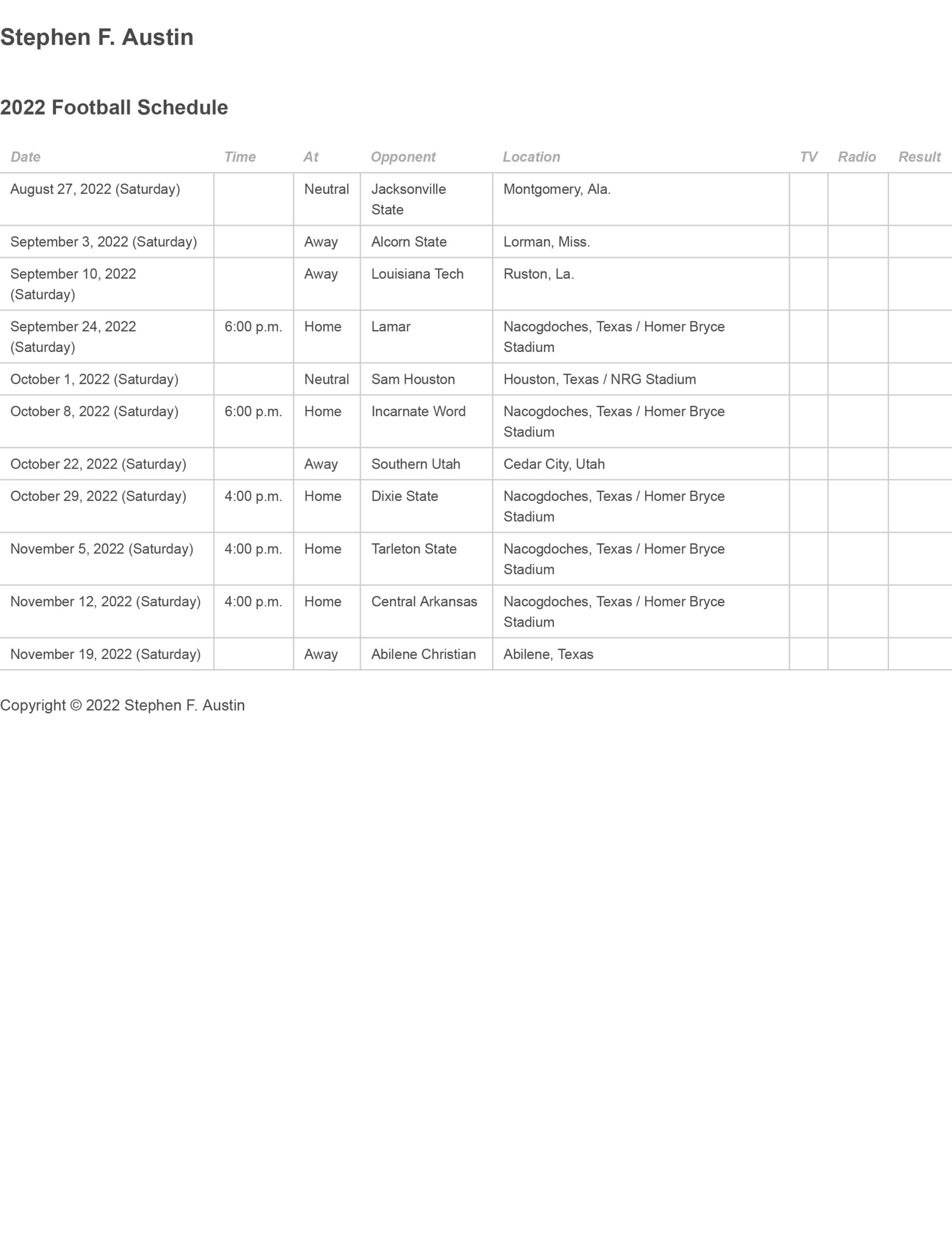 2022 SFA Football Schedule